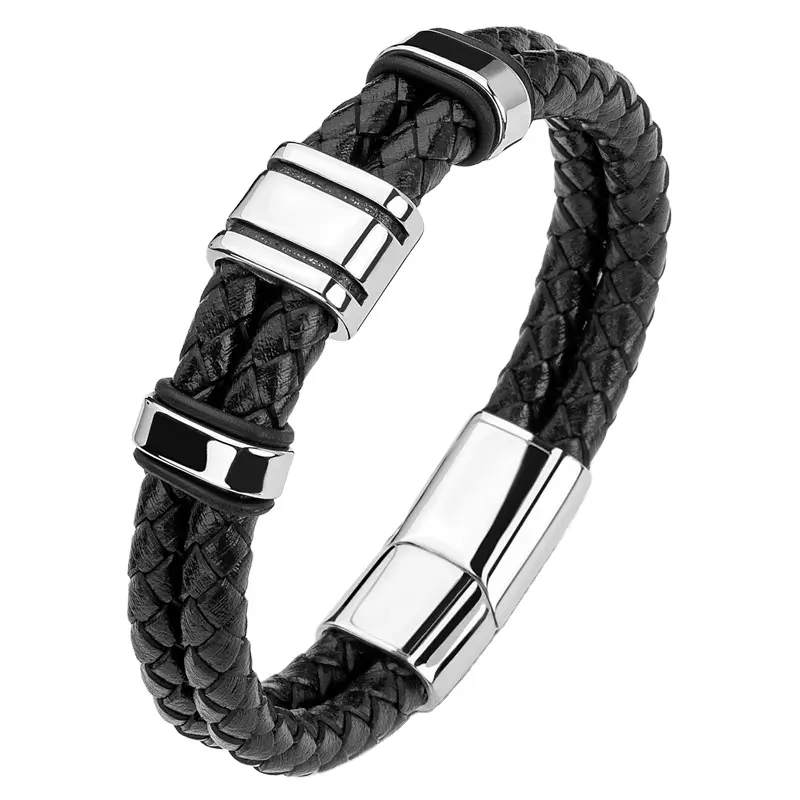 Benutzer definierte Männer Echt leder Edelstahl Armband modische Magnets chnalle Doppels chicht Herren Armband