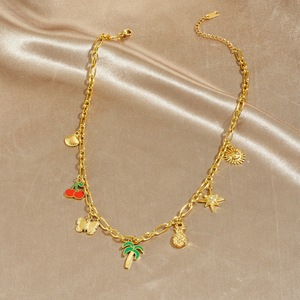 Gold Plated Fruit Palm Tree Pendant Necklace With Butterfly Star Cherry Pineapple Charms For Party Fashion Jewelry - Product Image 3