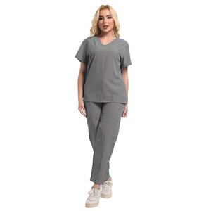 HZMNOI Women's Scrub Set Gray V-Neck Top And Pants Moisture Wicking Hospital Uniforms For Nursing Workwear - Product Image 1
