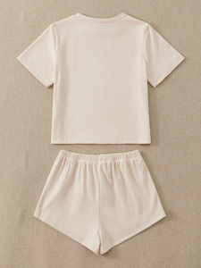 Conjunto de Pijama Minimalista de Verano para <span class=keywords><strong>Mujer</strong></span>, Tejido Transpirable, Camiseta de Manga Corta y <span class=keywords><strong>Pantalones</strong></span> <span class=keywords><strong>Cortos</strong></span>, Color Sólido, Ropa de Estar en Casa, Conjunto de 2 Piezas - Product Image 2