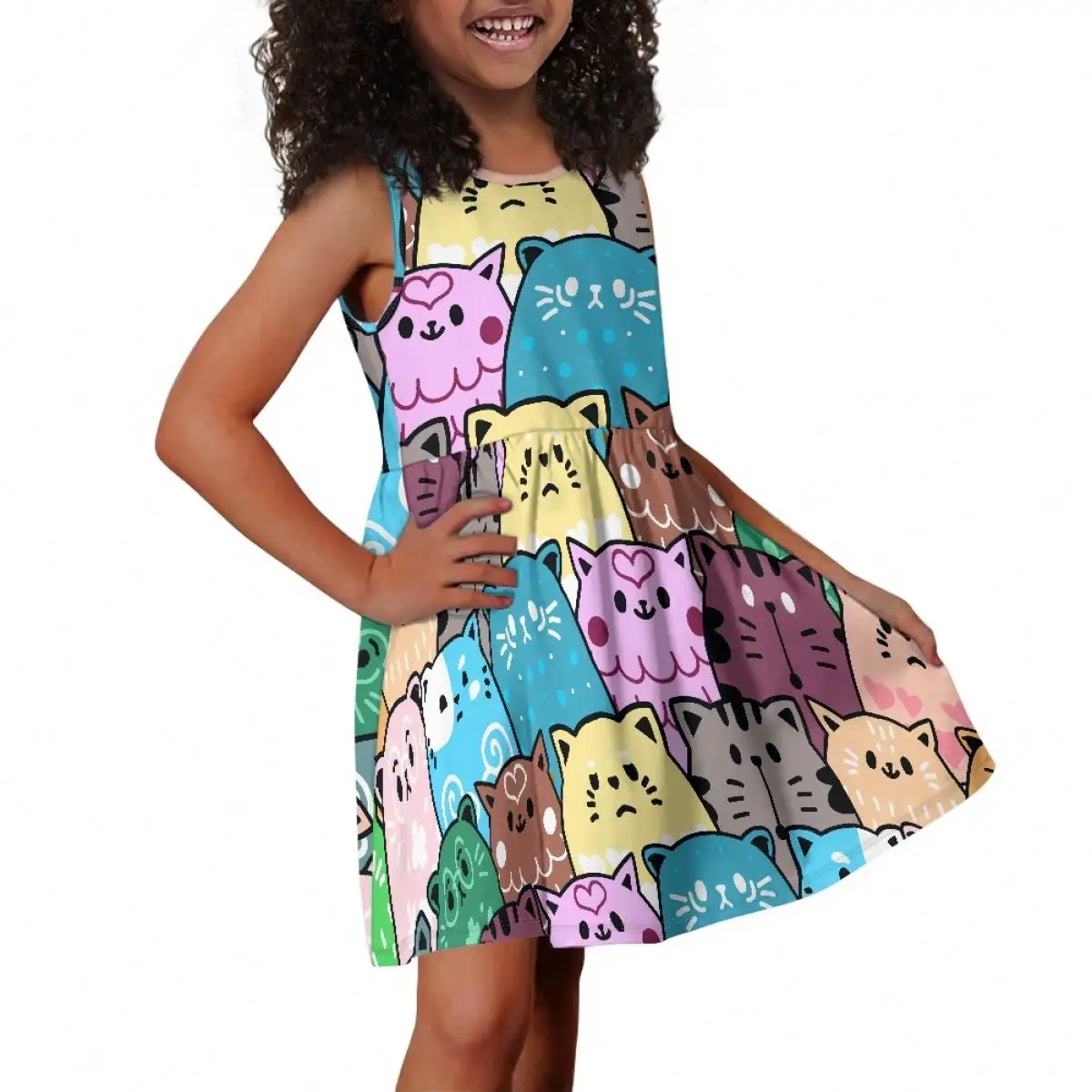 Robes pour enfants personnalisées pour filles, jupe courte sans manches, motif chat, dessin animé, robes décontractées pour enfants, vêtements d'été