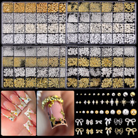 Decoraciones de Uñas de Lujo en Cromo Dorado y Plateado, con Pedrería, Diseño Hueco de Estrella, Luna y Lazo, Microperlas, Dijes 3D Profesionales