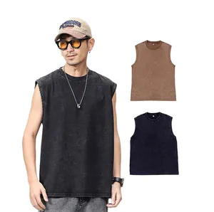 Toptan yeni moda tasarım erkek yuvarlak boyun Tank Top Vintage yıkanmış % 100% pamuk kolsuz T-shirt