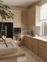 Vermonhouzz - Armoire de cuisine sur mesure, armoire de cuisine bicolore avec grand îlot de cuisine en marbre, armoire de cuisine en bois naturel