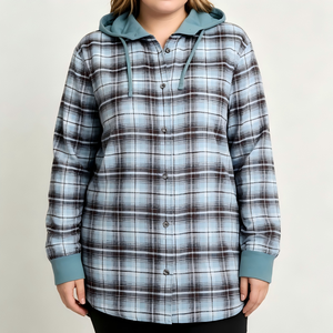Vestes boutonnées personnalisées pour femmes avec logo, design à double couche, flanelle à l'intérieur, tissu éponge français à l'extérieur, sweat à capuche vintage à carreaux - Product Image 1