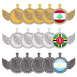 Rhinestone Necklace Jewelry Key Chain Pendant Custom Photo Sublimation Flag Pendant Trays Bezel Tray Blank With Glass Cabochon