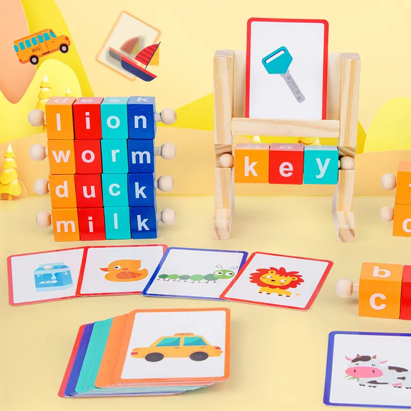 Bloc de lecture en bois pour enfant, jouet d'apprentissage de mots en forme d'alphabet