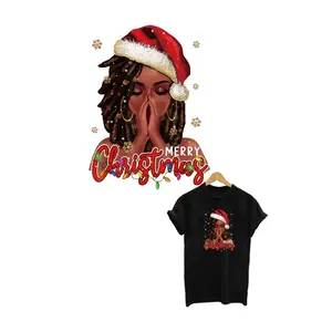 Mooie Zwarte Meisje Iron On Decals Plastisol Screen Print Transfers Kerst Heat Transfer Ontwerpen Voor T-shirt