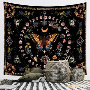 Papillon bleu Phases de lune fleur Mandala impression Polyester <span class=keywords><strong>tapisserie</strong></span> esthétique Vintage tapisseries tenture murale pour salon - Product Image 2