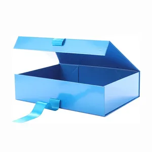 Hot Selling Premium Materials Paper Jewelry Box Glossy Blue Foldable Gift Paper Boxes with Ribbon