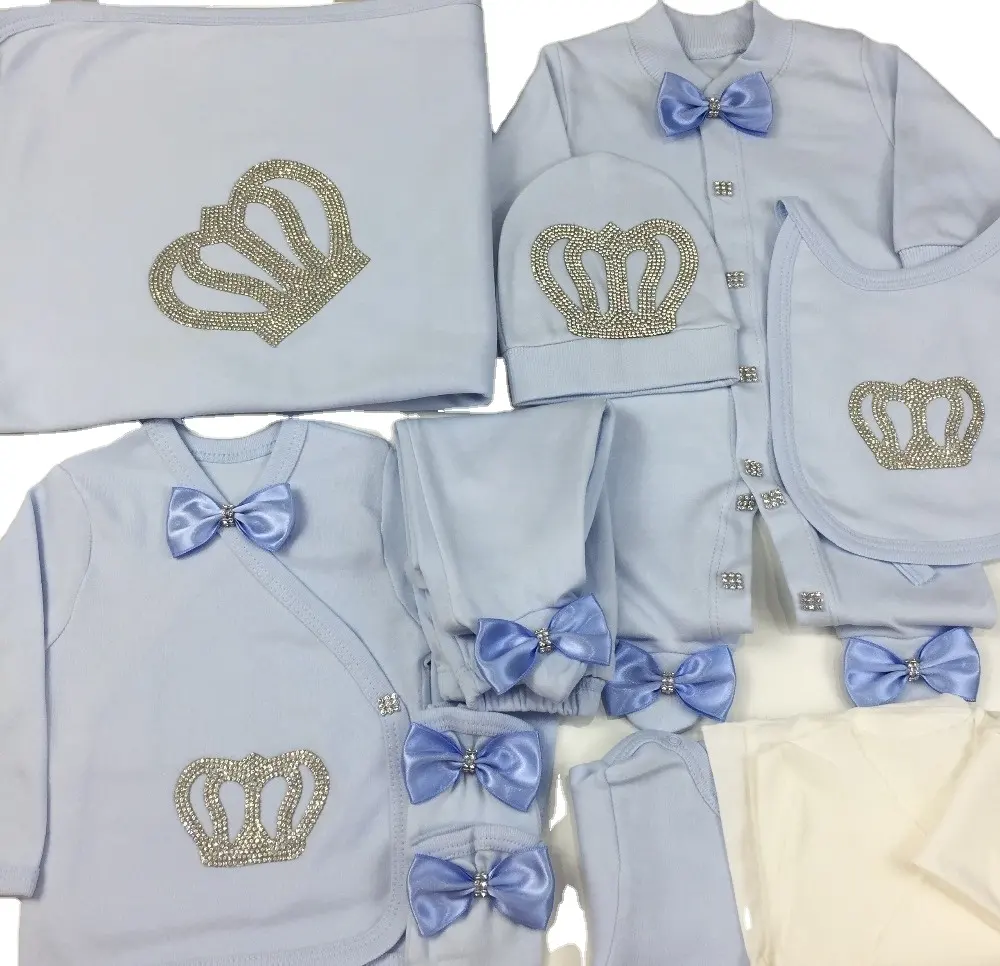 Baumwoll stoff gestrickt Großhandel Custom Newborn New Design 10 Stück Kleidung Bambus Baby Neugeborene Set Blue Bows mit gekrönten