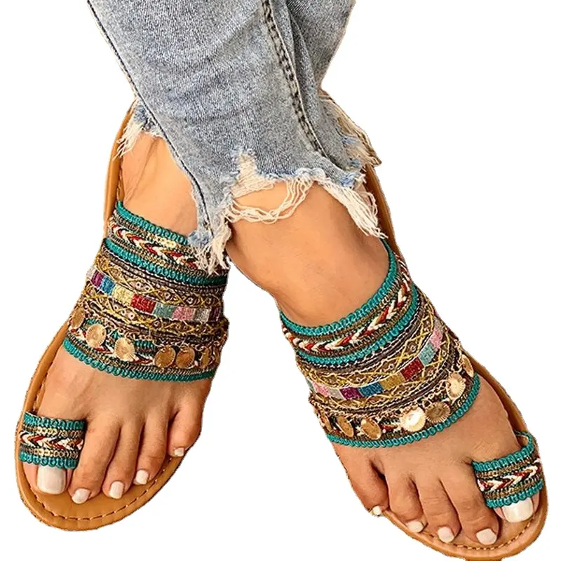 Groothandel Vrouwen Slippers Meisjes Toevallige Sandalen Slippers Griekse Stijl Boho Folk-Custom Beach Schoenen Ademende Strand Schoenen