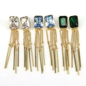 EC1922 High Quality Bohemian 18k diamond cubic zirconia cz paved Stick Bar Drop Charm Chain Fringe Tassel Earrings
