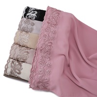 Voile Hijab Premium en Mousseline de Soie avec Broderie Papillon et Dentelle, Couleur Unie, Perles, Léger et Confortable