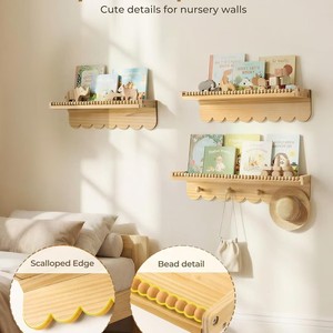 Wooden Wall Mounted <b>Shelf</b> For Children Room Toy Organizer Solid Wood Storage Rack With Beads And <b>Hooks</b> - Product Image 2