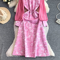Robe décontractée élégante pour femme WIWT, imprimé floral rose, coupe trapèze, manches longues bouffantes, col orné de strass, longueur midi, pour tous les jours et les soirées