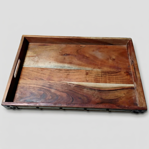 Plateau de service en bois rustique vintage avec poignées découpées intégrées - Product Image 1