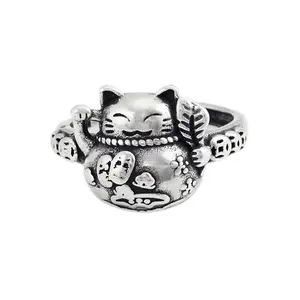 Maneki Neko中国迷人复古风格仿古镀银幸运猫财富戒指