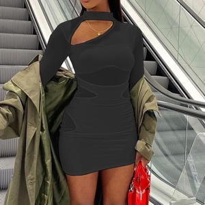Women's Solid Color Sexy Hollow Mesh Splicing Wrap <b>Hip</b> Dresses Fashion - Product Image 2