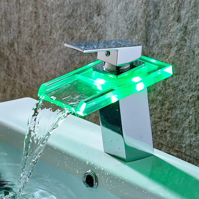 Dẫn lưu vực vòi nước Nhiệt độ màu sắc thay đổi phòng tắm Mixer tap sàn gắn bồn rửa vòi nóng và lạnh tap thác nước vòi OEM