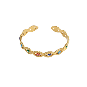 Bracciale Aperto di Alta Gamma in Acciaio Inossidabile Placcato Oro 18k con <span class=keywords><strong>Occhio</strong></span> Blu Traforato e Gocce d'Olio, Bracciale Regolabile alla Moda con Motivo <span class=keywords><strong>Occhio</strong></span> di Allah - Product Image 6