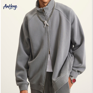 Men 400G Heavyweight Cotton Blend Zip Up Sweatshirt Vintage Washed <b>Fleece</b> <b>Lined</b> Raglan <b>Jacket</b> Wholesale OEM Supplier Top - Product Image 1