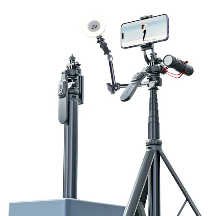 2023 barang baru remot kontrol 2m Tripod logam tongkat Selfie dengan 4 antarmuka ekspansi untuk kamera ponsel (hitam)