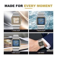 Jam Tangan Bisnis SKMEI 9414 Persegi untuk Pria, Formal Kantor, Pakai Sehari-hari, Analog Quartz, Dial Emas Kecil 32mm, Tali Baja Lipat