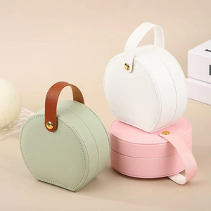 Round Leather Jewelry <b>Box</b> Organizer with Lids Solid Color Portable Storage Case for Necklaces Rings <b>Earrings</b> - Product Image 5