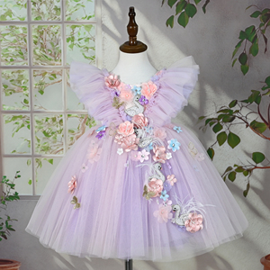 Piccola gonna floreale con maniche volanti gonna abito viola da principessa per bambina con paillettes con perla cigno <span class=keywords><strong>farfalla</strong></span> abito da ragazza fiore - Product Image 2
