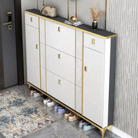 Meuble à chaussures modulaire fin en bois massif avec cadre doré de luxe personnalisé, panneau cannelé blanc pour entrée étroite et rangement de couloir