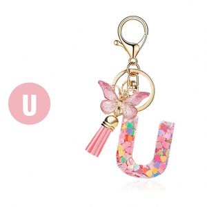 Porte-clés tendance rose avec lettres de l'alphabet, cœur, sequins, papillon, pompon et pendentif en cristal époxy pour femme - Product Image 4