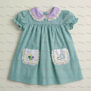 Mardi Gras Kinderkleidung Gewebtes Gingham-Mädchenkleid mit Peter-Pan-Kragen und Bestickter Spitze Kleinkind Mädchen Bekleidungssets - Product Image 3