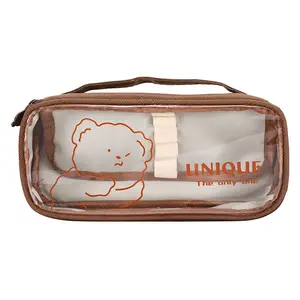 Cute Little Brown Bear Unique Transparent Pen Bag Case Pouch Pocket for Medium and High School Students with a Handle Easy Carry