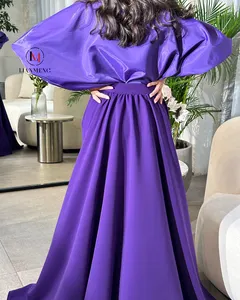 LIANEMENG A372 Puff Sleeve Muslim Satin Diamond Pearl Purple Evening Dress