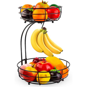 Double Layer Wrought Iron Fruit Basket Black Round <b>Standing</b> Modern Kitchen Storage With Banana Hook For Home Indoor Outdoor Use - Product Image 1