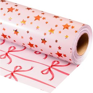Holographic Star Pink Wrapping <b>Paper</b> 17 In X 32.8 Ft Reversible Gift <b>Wrap</b> For Birthday Valentine Mothers Day - Product Image 1