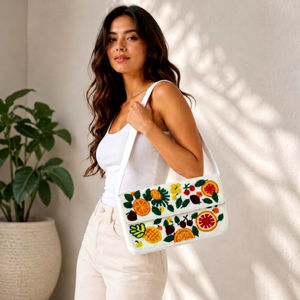 Sac à main rectangulaire en toile fait main, motif brodé de fruits colorés, lavable, pour usage quotidien, artisanat de broderie, point de croix - Product Image 1