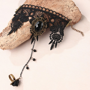Black Lace Choker <b>Necklace</b> With Gemstone Pendant And Chain <b>Ring</b> For Party Fashion Jewelry - Product Image 1