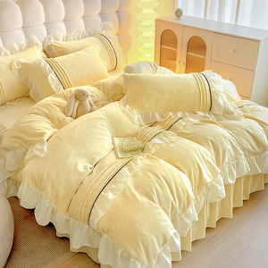 Korean Princess Style Winter <b>Bedding</b> Set Milk Fleece Duvet Cover Sheet Set Breathable Warmth Retention Solid Color - Product Image 1