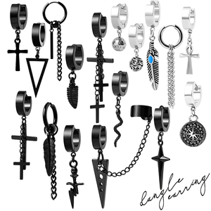 Boucles <span class=keywords><strong>d</strong></span>'oreilles créoles articulées en acier inoxydable style punk, avec pendentifs plumes et feuilles, longues chaînes, pour hommes, femmes et garçons - Product Image 6