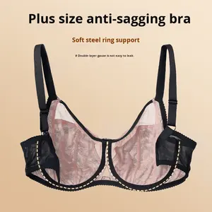 Soutien-gorge en dentelle à coupe ajustée pour poitrines généreuses, dos en maille tricotée, avec armatures, anti-affaissement, ultra-fin, respirant, motif floral, bonnet complet, grande taille, lavable en machine - Product Image 5