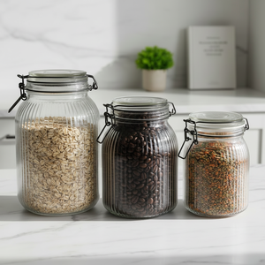 Tarro <span class=keywords><strong>de</strong></span> almacenamiento <span class=keywords><strong>de</strong></span> cocina al por mayor, recipiente <span class=keywords><strong>de</strong></span> vidrio con tapa hermética para granos <span class=keywords><strong>de</strong></span> café, <span class=keywords><strong>avena</strong></span>, dulces, tarros con rayas verticales - Product Image 1