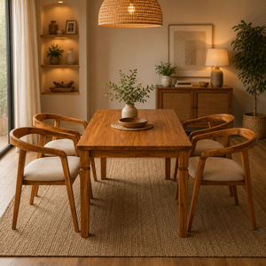 Nordic Teak Wood <b>Dining</b> Set with Curved <b>Armchairs</b> Contemporary Solid Timber Furniture for Home Cafe and Villa - Product Image 1