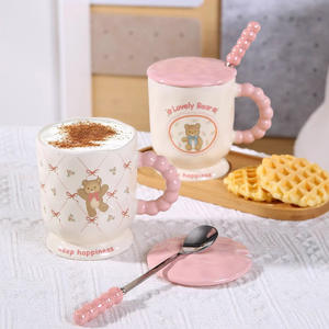Tasse en céramique ours mignon rose avec couvercle et poignée de perle cuillère tasse coeur girly tasse bureau après-midi tasse à thé - Product Image 3