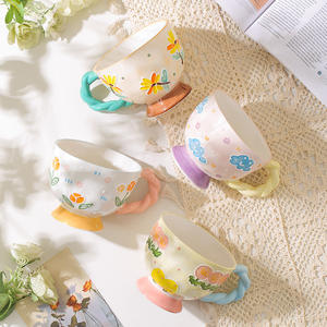 Tazas de café de cerámica bonitas con flores pintadas a mano creativas al por mayor, <span class=keywords><strong>taza</strong></span> de leche de cerámica en relieve grande personalizada, tazas de desayuno, <span class=keywords><strong>taza</strong></span> de avena - Product Image 3
