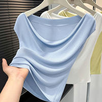 Haut tricoté à manches courtes pour femme, en soie glacée fine, coupe ample, couleur unie, col rond, amincissant
