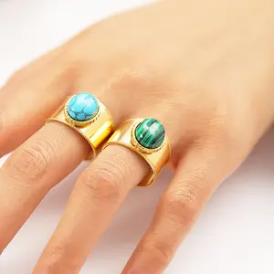 Waterproof Fashion Jewelry Stone Adjustable Open Ring Gold Plated Stainless Steel Inlaid Turquoise Malachite Rings