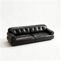 Ensemble de canapés Chesterfield en cuir véritable de style mid-century modern, canapé droit capitonné vintage avec pieds en bois