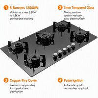 Table de cuisson à gaz encastrable 5 brûleurs en cuivre avec couvercle en verre trempé, allumage par impulsions, classe A écoénergétique pour cuisine de restaurant
